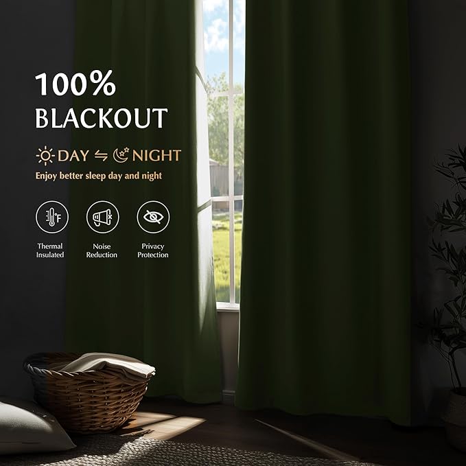 Beauoop Sage Green 100% Blackout Curtains 63 Inch Long 2 Panels for Bedroom Living Room Solid Room Darkening Thermal Insulated Soundproof Energy Saving Grommet Top Window Treatment Drapes,52x63 2 Set