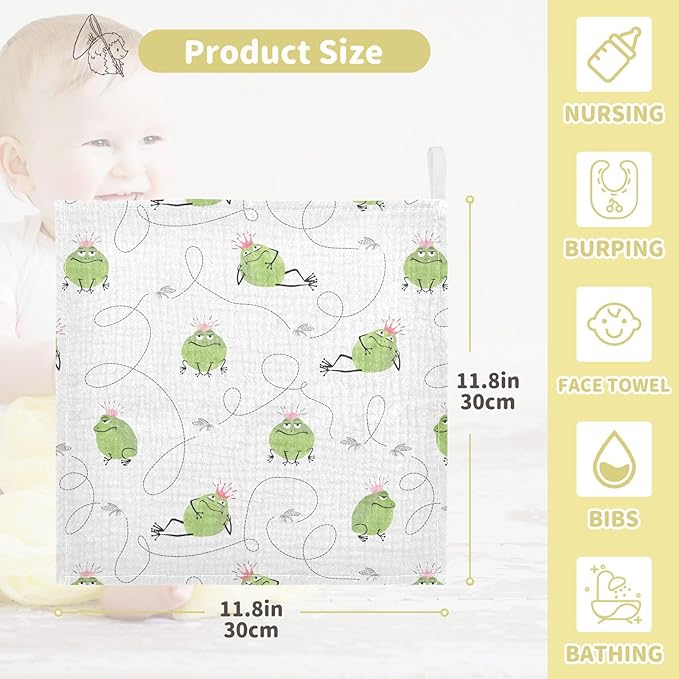 vvfelixl Baby Cotton Washcloths Frogs Mosquitoes Infants Bath Towel for Unisex Prince Face Towels for Newborn, Natural Baby Wipes Delicate Skin, 11.8 X 11.8 inch, one sizex5