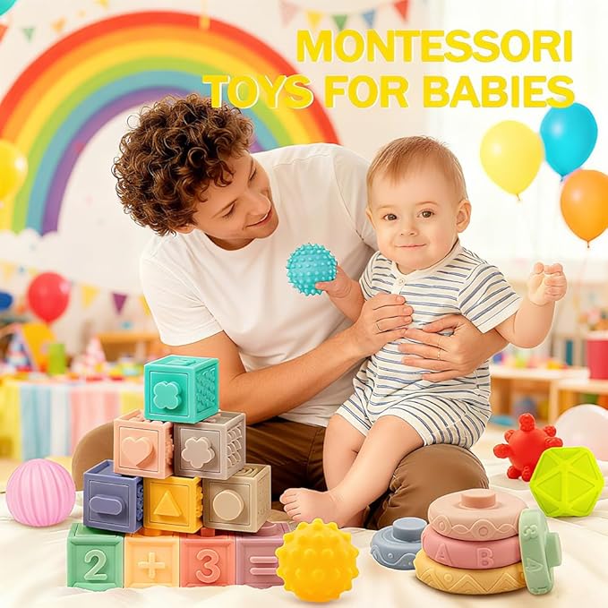 Baby Montessori Sensory Toys for 0-6 6-12 Months, Teething Toys for Babies 0 3 6 9 12 18 Months, Infant, Newborn Rattle Teether, Blocks, Soft Stacking Rings, Ideal Baby Boy Girl Gifts Set