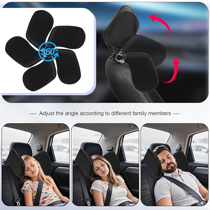 BBTO Car Headrest Pillow for Kids and Adults, 360° Adjustable Travelling Neck Pillow Head Rest Support, Must Haves for Toddlers, Road Trip Essentials to Match with Booster Seats for Cars