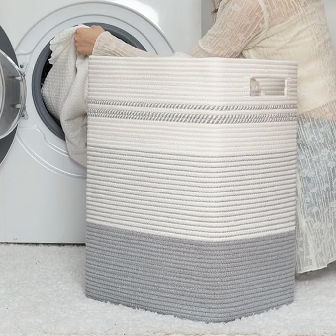 Laundry Basket, Large Woven Rope Tall Laundry Basket with Handles, Decorative Storage Basket for Clothes and Blankets in Living room, Bedroom