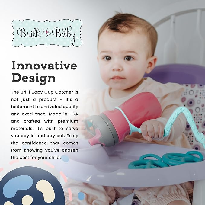 Brilli Baby Cup Catcher Patented Safety Tether Strap, Attach Sippy Cups, Bottles, Pacifiers & More to Stroller, High Chair, Car Seat, Made in USA, Food Grade, Dishwasher Safe (Aqua & Navy)