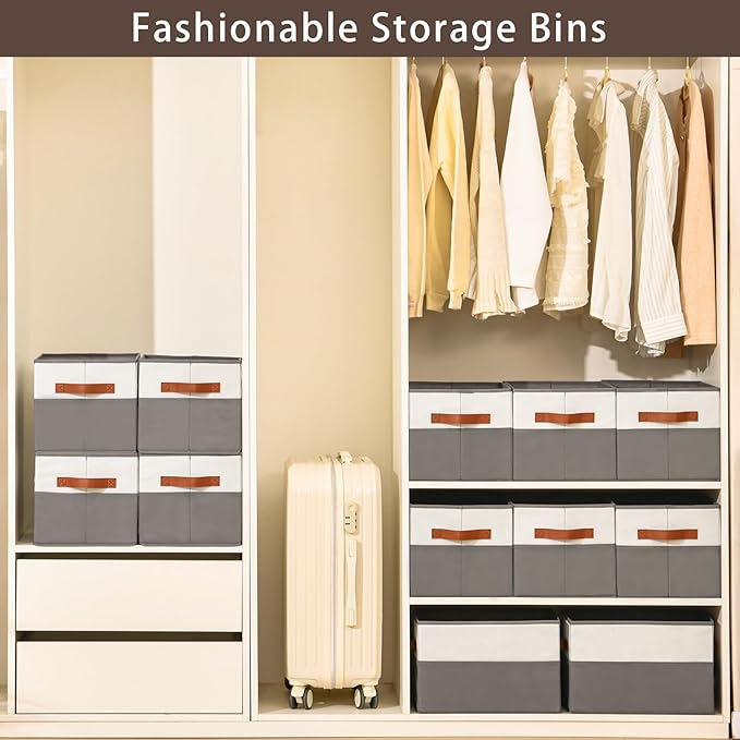 4 Pack Large Storage Bins with Handle,Storage Baskets for Shelves,Fabric Closet Organizer for Organizing Clothes Blanket,Collapsible Storage Bins,Sheet Organizers and Storage,14”x10”x9.5”