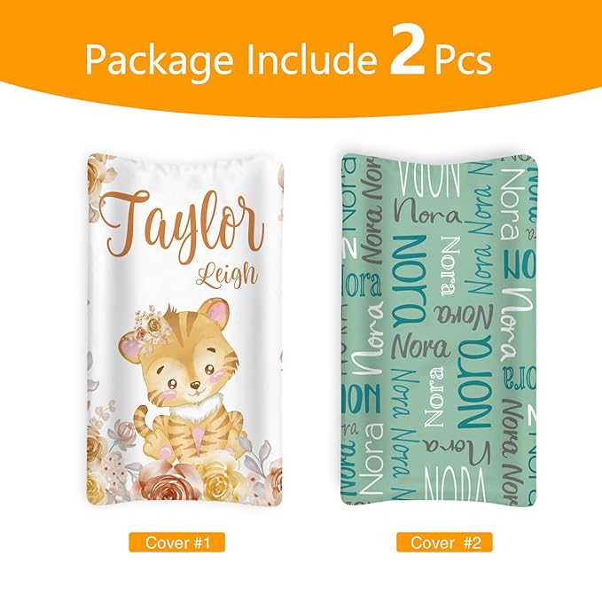 Custom Changing Pad Cover Set - Jersey Knit Ultra Soft Unisex Waterproof Diaper Changing Table Covers with Personalized Name for Baby Boys Girls - Comfy Cozy 2 Pcs Set Style22