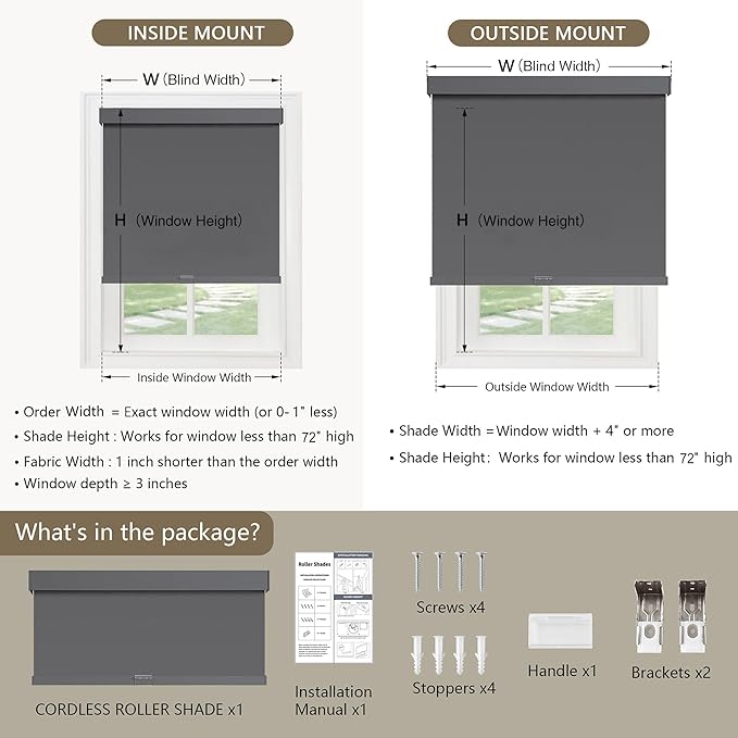 Cordless Blackout Roller Shades Blinds for Windows Free-Stop,Pull Down Room Darkening with Valance,Thermal Insulated Woven Fabric Window Door Blinds for Home,Office,Grey 60" W x 72" L
