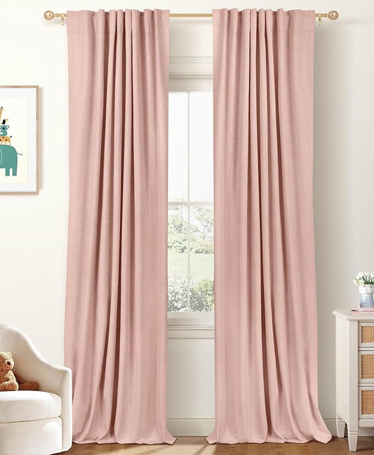 100% Blackout Shield Linen Blackout Curtains for Bedroom 84 Inches Long, Back Tab/Rod Pocket Living Room Drapes, Thermal Insulated Blackout Curtains 2 Panels Set, 50" W x 84" L, Blush Pink