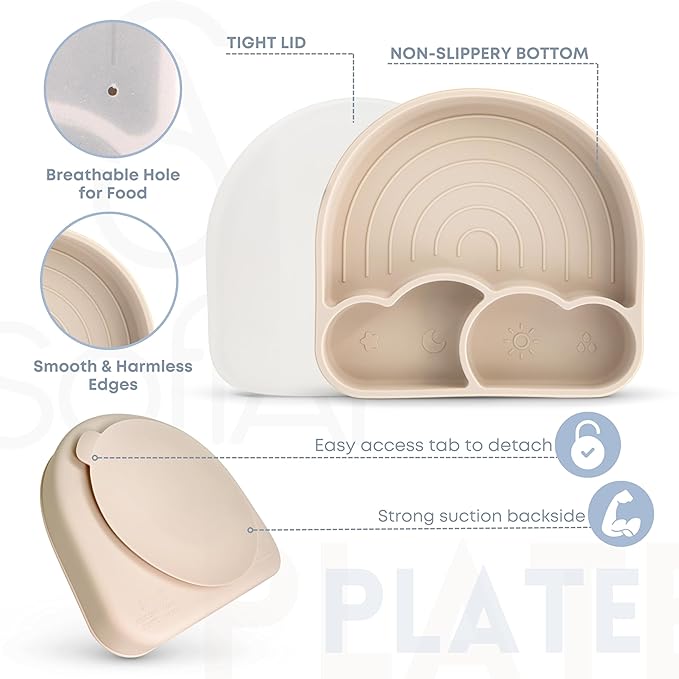 SofiAl All In One Silicone Feeding Set - Safe for 6-12 Months - Non-Toxic Baby Led Weaning Supplies - Toddler Self Feeding Utensils - BPA-Free - Mess Free Essentials