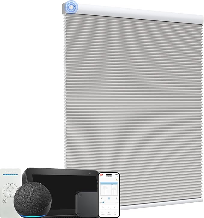 MYshade Motorized Cellular Shades - Smart Blinds Compatible with Alexa/Google Home/SmartThings,Light Filtering Rechargeable Cordless Honeycomb Blinds, Custom-Size Auto Shades for Windows (Grey)