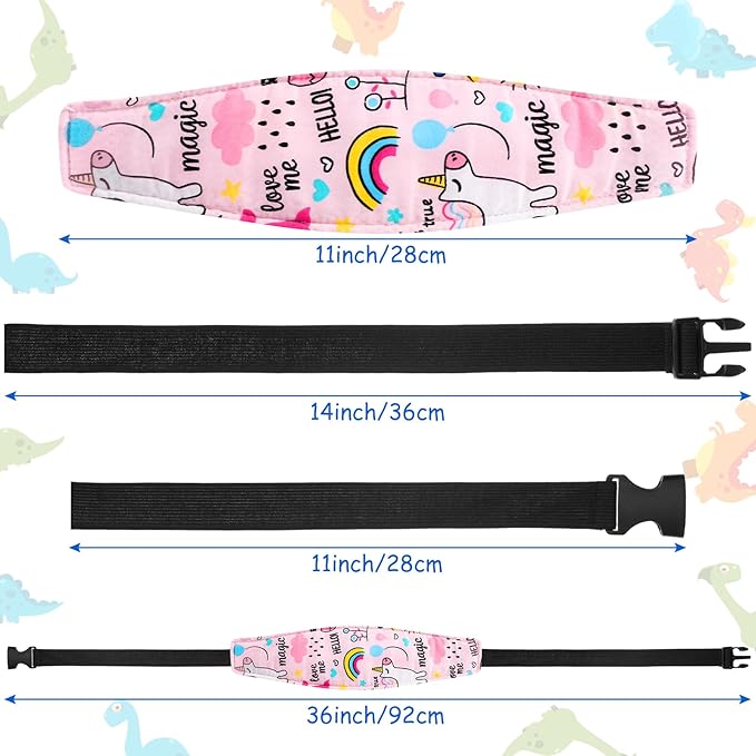 HESTYA 2 Pieces Baby Carseat Head Support Band Strap Headrest Stroller Seat Sleeping Headrest Neck Relief Head Strap Headband for Kids Children Toddler Infant(Unicorns and Dinosaurs)