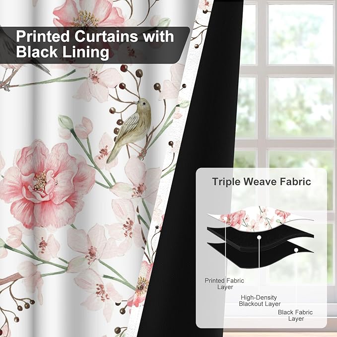 Blackout Curtains for Bedroom 84 Inches Long, Birds and Pink Floral Soundproof Blackout Curtains for Girls Room, Light Filtering Thermal Insulated Black Out Grommet Drapes 84 Inch Length 2 Panels Set