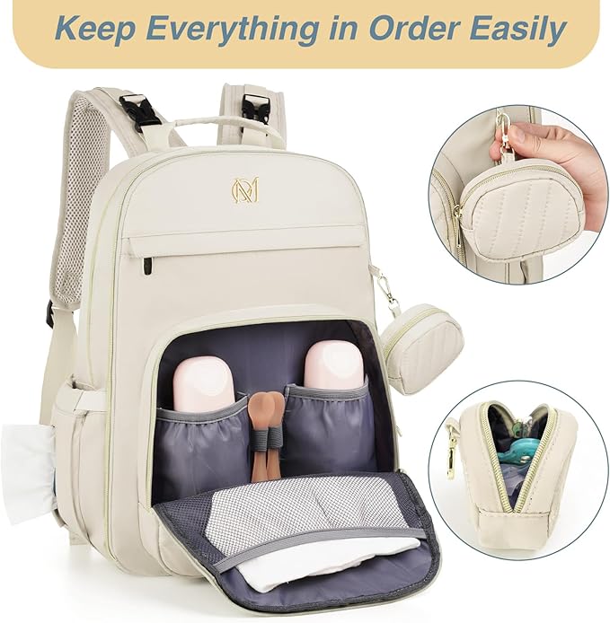 MOMUVO Diaper Bag Backpack, Quilted Baby Bag with Changing Pad and Stroller Straps and Pacifier Case, Multifunction Waterproof Travel Diaper Bags, Unisex, Beige
