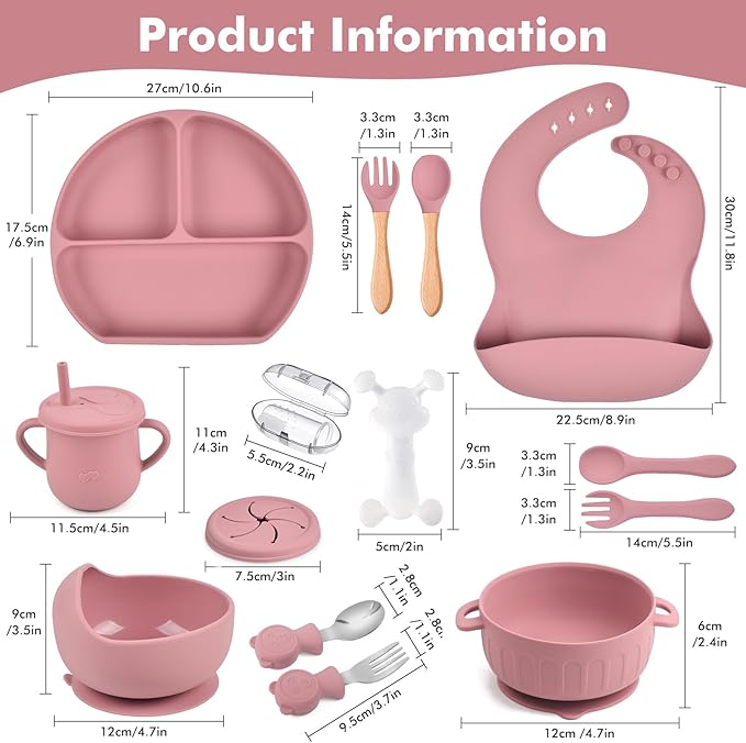 Silicone Baby Feeding Set 15 Pcs，Baby Spoons Suction Bowl Divided Plate Bib Cup Finger Brush ，Baby Led Weaning Supplies,Baby & Toddler Silicone Plates and Bowls Dining Set（pink）