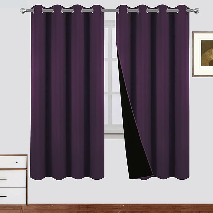 LEMOMO 100% Blackout Curtains 52 x 72 Inch Purple Curtains 2 Panels Darkening Thermal Insulated Bedroom Curtains