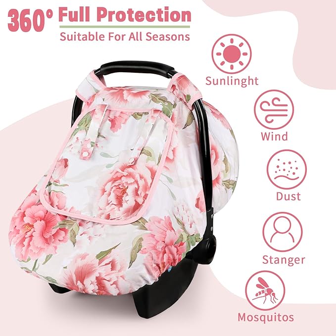 Car Seat Cover Baby, HNHUAMING Infant Car Seat Covers Canopy for Baby Girl Boy, Cozy & Windproof Newborn Carseat Covers Mink Dot Backing Stroller Cover with Breathable Mesh Window, Pink Flower