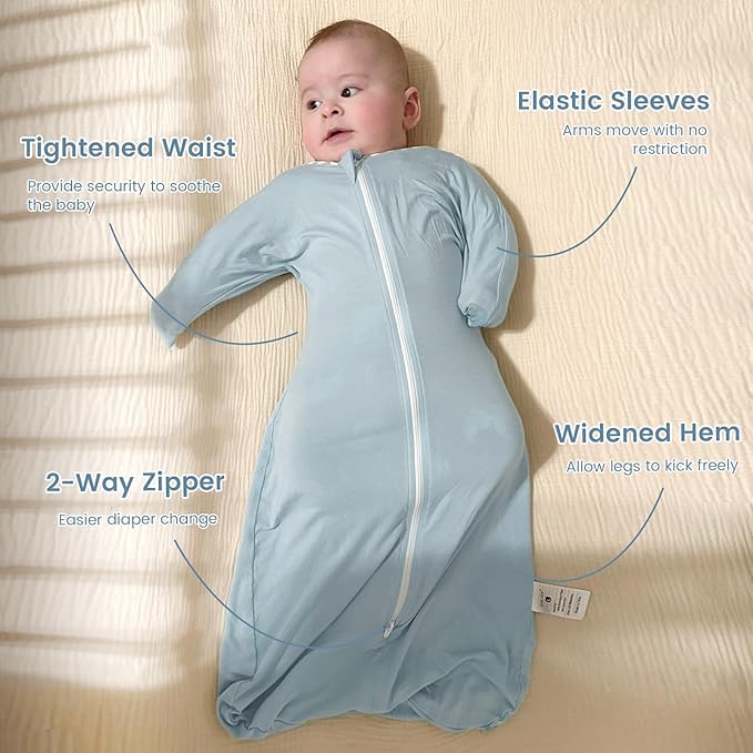 ZIGJOY Shark-Fin Transitional Swaddle for Newborn - 0.5 Tog Rayon Made from Bamboo Transition Swaddle Sleep Sack 3-6 Months Baby Arms Up Swaddle Blanket with 2-Way Zipper, Green&Blue