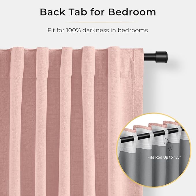 INOVADAY 100% Blackout Curtains for Bedroom, Black Out Curtains 96 Inch Long, Clip Rings Linen Blackout Drapes, Thermal Insulated Room Darkening for Living Room, 1 Panel - Blush Pink,W102xL96