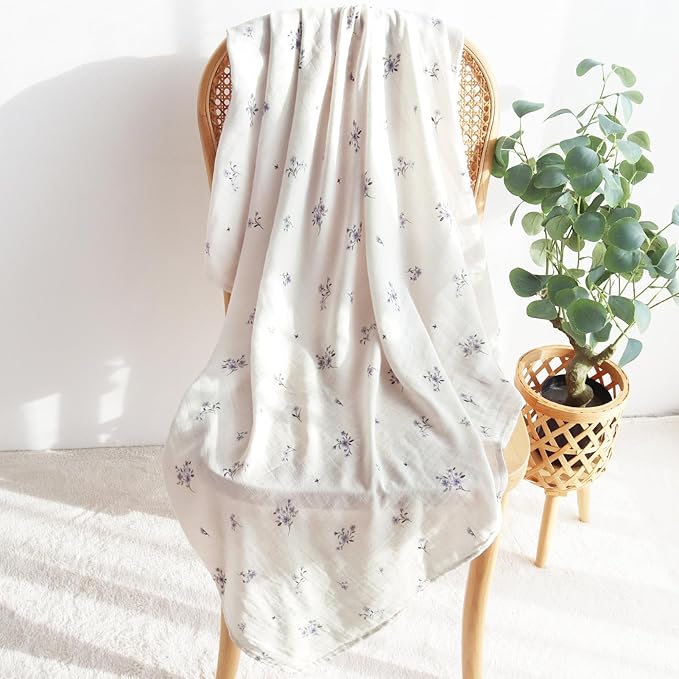 LifeTree Baby Swaddle Blankets, Boys Girls Muslin Swaddling Wrap Receiving Blanket for Newborn, 70% Viscose from Bamboo and 30% Cotton, Large 47" x 47", Flower and Mauve Pattern