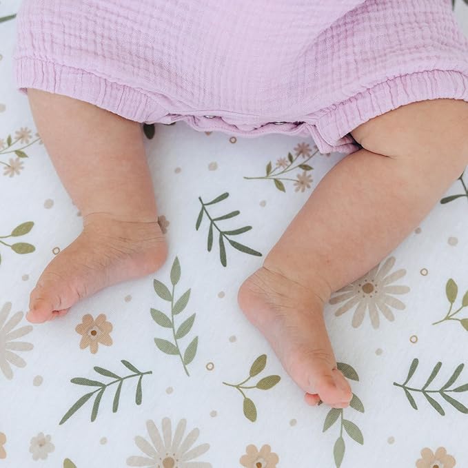 Dreamology Mini Crib Sheets Fitted,100% Cotton Crib Sheets,Super Soft, 2 Pack, Pack and Play Sheets, Mini Crib Mattress Sheets for Boys,Girls,Pack n Play Sheets,38x24 Mini Crib Sheets | Green,Flowers