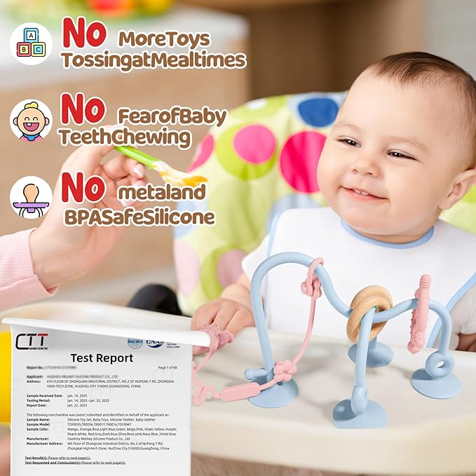 Baby Teething Relief Sensory Toys - Silicone Teether Tactile Developmental Toys for Babies, High Chair Suction Cup Toys, Montessori Activity Toy for Airplane Travel, Table, Highchair Tray