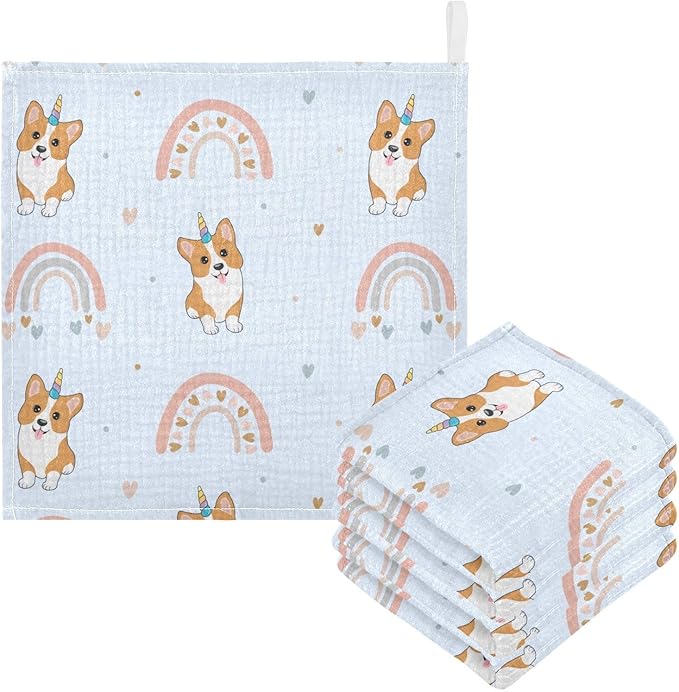 vvfelixl Corgi Hearts Rainbows Baby Burp Cloths Baby Muslin Washcloths for Boys Girls Cotton Baby Face Towel for Newborn Infants Soft and Absorbent 11.8 X 11.8 in, 5 Pack