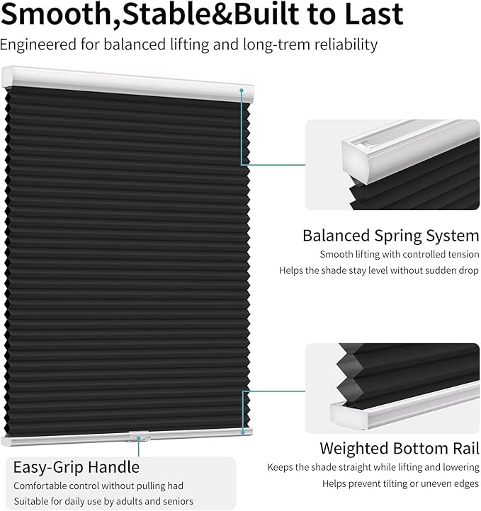 MYshade Cordless Blackout Cellular Shades for Windows, Honeycomb Window Shades with Thermal Insulation, Child & Pet Safe Room Darkening Shade, Easy Install,52" W x 72" H, Black
