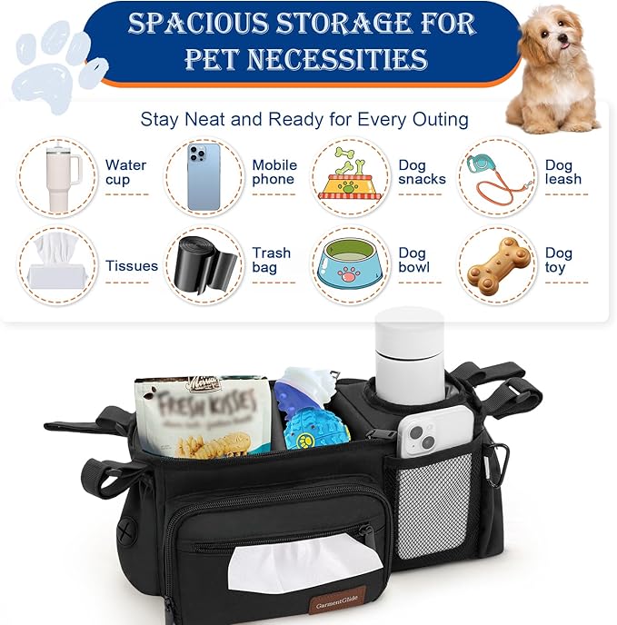 Dog Stroller Organizer Bag, Dog Mom Gifts for Women Pet Stroller Caddy, Stroller Accessories with Cup Holder, Poop Bag Dispenser, Pockets for Dog Essentials, Fits 14–19" Handles, Christmas Gift Ideas