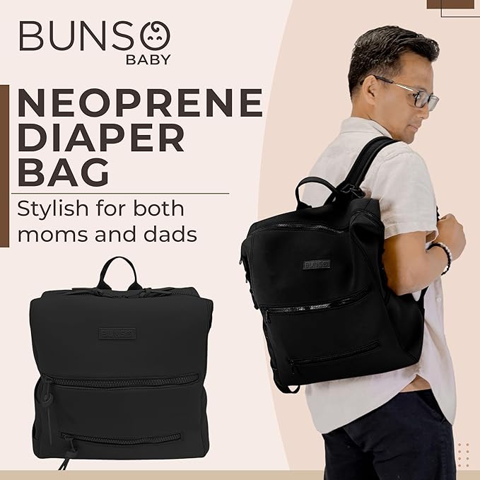 Neoprene Diaper Bag, Minimalist Backpack Diaper Bag with Pouch, Changing Pad, and Stroller Straps, Water Resistant and Lightweight Dad Diaper Bag, Diaper Bag Backpack, Black