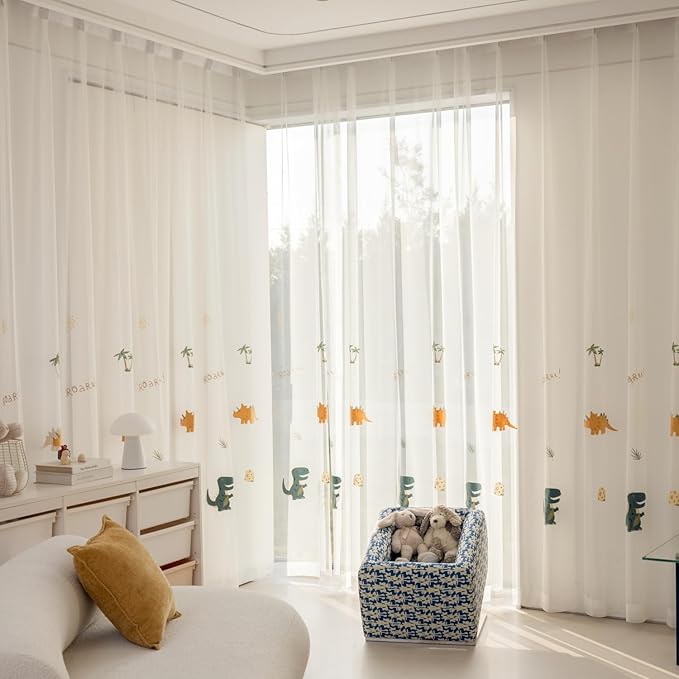 KMSG Cartoon Dinosaur Sheer Kids Curtains Embroidery Voile Drapes Nursery Curtains for Children Boys Baby Bedroom Living Room Light Filtering Window Tratement Grommet Top 1 Panel W52 x L63 Inch