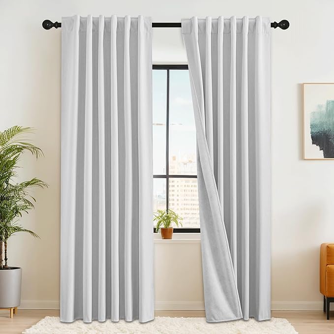 RYB HOME 100% Blackout Flax Linen Curtains 108 Inches Long, Bedroom & Living Room UV Protection Drapes, Rod Pocket & Back Tab, Set of 2, W52 x L108, Greyish White
