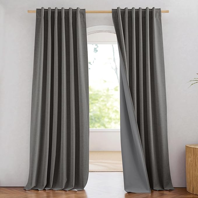 NICETOWN Grizzle Gray Linen 100% Blackout Curtains for Living Room, W52 x L84 in, Set of 2, Thermal Insulated Curtains with Light Blocking Liner, Noise Reducing Rod Pocket Window Treatments for Hall