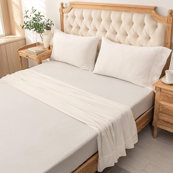 PURE ERA Jersey Knit 4pc Bed Sheet Set 100% T-Shirt Cotton Super Soft Comfy Breathable Fits Mattress Up to 20" Extra Deep Pocket(Solid Off White,Queen)