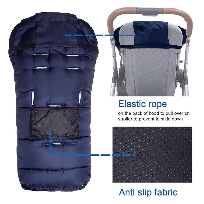 Yobee Universal Cozy Fleece Stroller Footmuff, Winter Outdoor Tour Waterproof Baby Sleeping Bag, Anti-Slip, Adaptable for Almost Stroller, Pram, Navy
