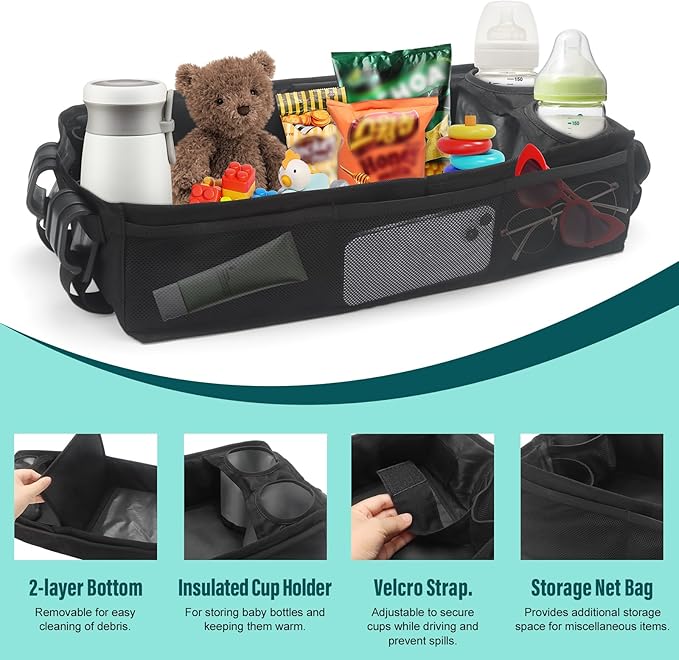 W4 Stroller Snack Tray for Wonderfold Wagon W4, Stroller Cup Holder Toy Storage W4 Wagon Accessories with Side Mesh Pockets, Height Increase (20.47"×9.84"×4.92")