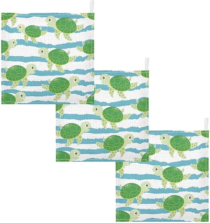 vvfelixl Baby Muslin Washcloths Cute Characters Green Turtles Baby Burp Cloths Cotton Baby Face Towel for Newborn Infants Boys Girls Soft and Absorbent 11.8 X 11.8 in, 3 Pack