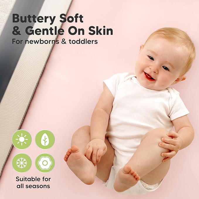 2-Pack Waterproof Pack and Play Sheets, Mini Crib Sheets Fitted for Boy, Girl - 38 x 26 Viscose from Bamboo Pack N Play Mattress Sheets for Graco, Toddler Playard Baby Crib Sheets Neutral (Mist Rose)