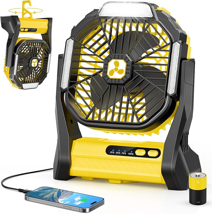 Portable Rechargeable Fan, 20000mAh Cordless Battery Powered Camping Tent Fans with SOS & LED Lantern, Small USB C Operated Outdoor Ventilador for Fishing Travel Camp Picnic Beach Office Desk Home