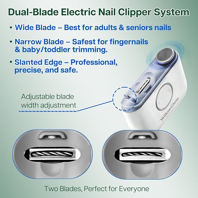 Electric Nail Clipper for Seniors Adults & Baby, Automatic Smart Nail Clipper with LED Light & Dual Blades (Wide & Narrow), Painless Nail Cutter with Anti-Splash Catcher for Thick Toenails
