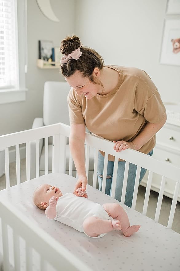 Satin Fitted Crib Sheet (2 Pack) Premium Oeko-TEX Certified Satin Crib Sheet Set, Prevents Bald Spots Like Silk Crib Sheets for Baby Hair (White with Light Gray Hearts & Stars)