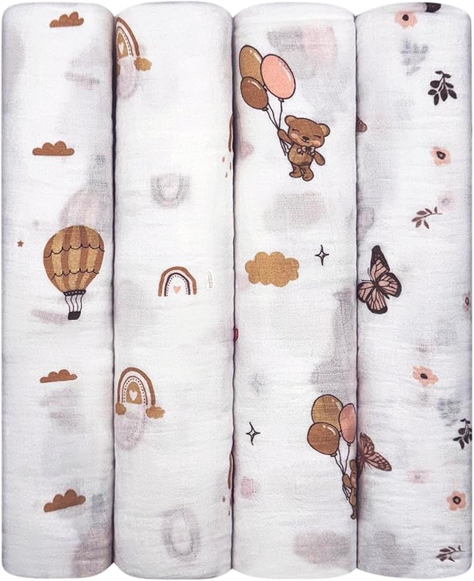 100% Muslin Cotton Swaddle Blankets, Pack of 4, 47 x 47 inches (120 cm x 120 cm), Ultra-Soft, Breathable, Hypoallergenic, 0+ Months (Teddy Bear/Rainbow/Butterfly/Balloon)