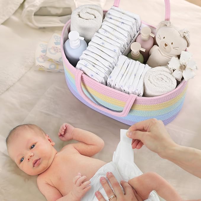 19L Baby Diaper Caddy Organizer, 16.8"x9.8"x9" Cotton Rope Diaper Basket, Changing Table Storage Caddy With Removable Divider, Baby Basket for Nursery, Car, Diapers, Baby Shower Gifts for Newborn
