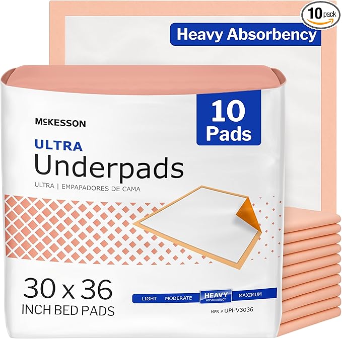 McKesson Underpads Disposable Bed Pads 30" x 36" [10 Count], Heavy Absorbency, Ultra Incontinence Chux Pads for Adults, Elderly, and Baby, Pee Pads