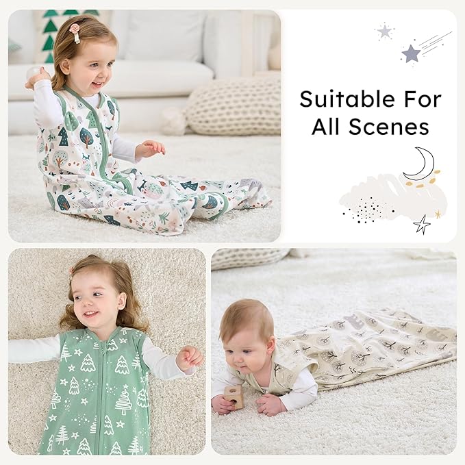 FIEMOL Baby Sleep Sack 0-6 months, 100% Cotton Sleeping Sack for Newborn and Infant, 3 Pack Baby Wearable Blanket for Boy and Girl, 0.5 Tog Lightweight Double Zipper Sleep Bag Green Apricot Bear