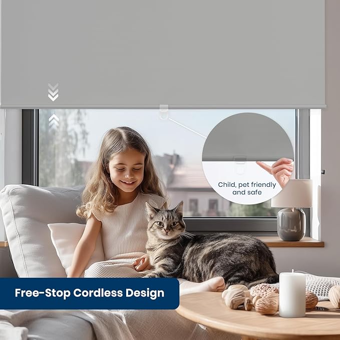 Blackout Cordless Roller Shades Blinds for Windows,Free-Stop Window Shades Pull Down,Blackout Blinds for Indoor Windows,Home,Office,Thermal Insulated Fabric, UV Protection,Grey,44" W x 72" H