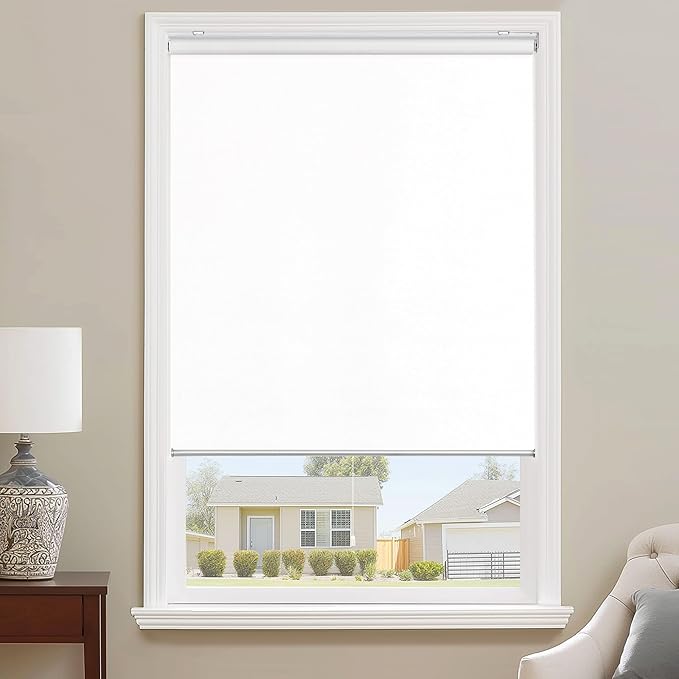 ChrisDowa Cordless 100% Blackout Roller Shade, with Striped Jacquard, Thermal Insulated, UV Protection Fabric, Total Blackout Blinds for Window, French Doors, Home and Office. White, 38" W x 72" H