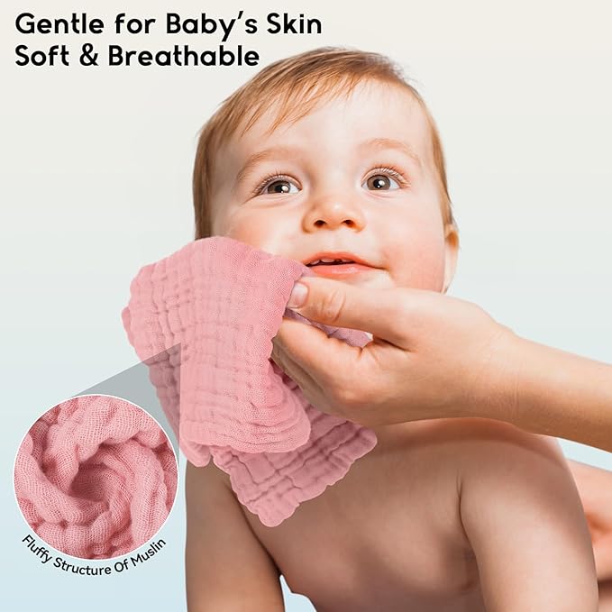 Unnivoll Muslin Baby Washcloths 6 Pack, 100% Cotton Wash Cloths for Babies, Large 12''X12'' Burp Cloths Absorbent and Soft for Newborn Infants Kids Boys Girls - Gradient Pink