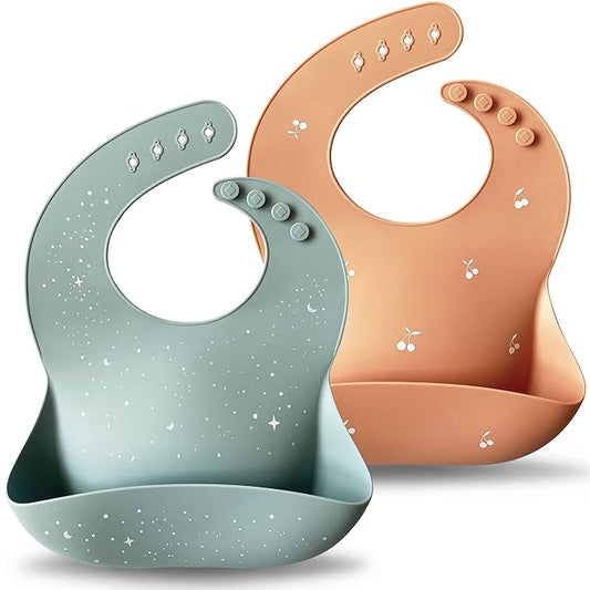 Moonkie Silicone Baby Bibs Set of 2, BPA Free Waterproof Baby Bibs for Eating, Soft Adjustable Silicone Bibs for Babies 6-12 Months, Toddler Bibs with Large Pocket Food Catcher (Ether/Muted)