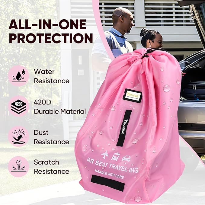 BALEINE Car Seat Travel Bag for Airplane, Water-Resistant Car Seat Bags for Air Travel, Foldable Cover with 3 Handles, Fits Toddler Carseat, Convertible and Booster Seats (Pink)