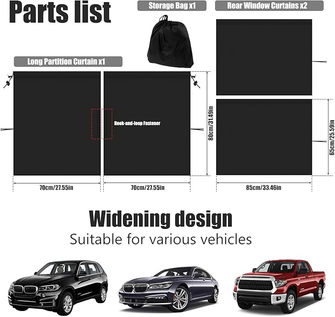 Privacy Curtain Universal Car Divider Between Rear Seat Auto Blackout Sun Shades Side Window Covers Accessories for Travel Camping Nap Sleeping (3Pcs)