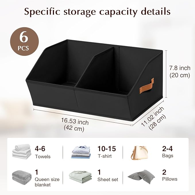 Closet Organizers and Storage Bins - 6 Pack Collapsible Divided Trapezoidal Cube Storage Bins Baskets with Orange Handle for Organizing Clothes Blankets, Toys, Books, Towels(Black)