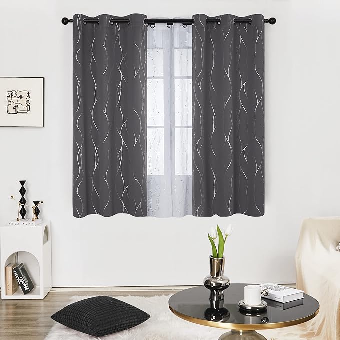 Deconovo Short Curtains Grey, Blackout Kitchen Curtain, Thermal Insulated Soundproof Drapes, Wave Dots Foil Print, 42 x 45 Inches, 2 Panels, Machine‑Washable Privacy Window Panel for Small Windows